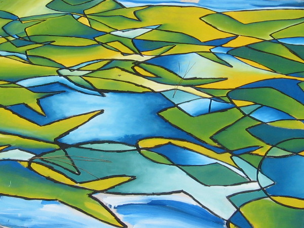 Abstract fish forms swim in a school on a very large canvas.