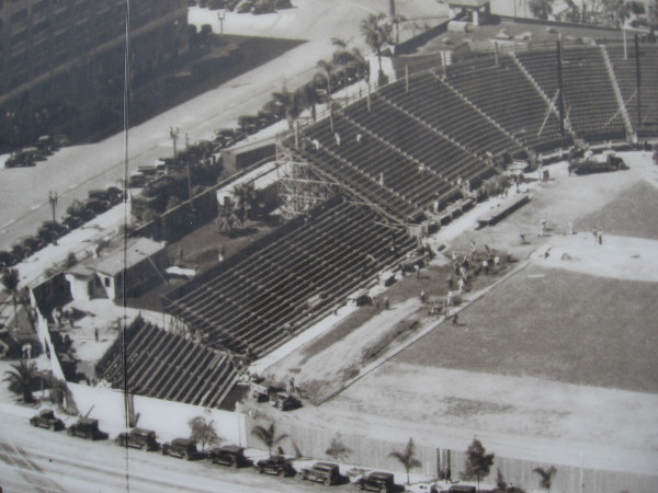 Third panel of photo mural shows a portion of San Diego's Embarcadero in 1936. Lane Field, at Broadway and Pacific Highway, is under construction.