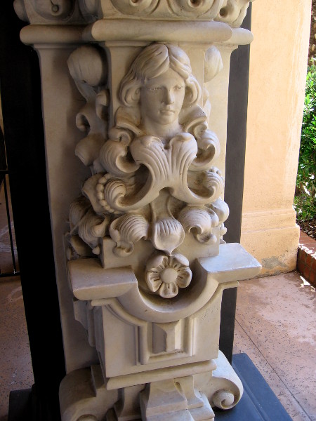 One of four identical heads created in 1914 for the Panama-California Exposition. It was located on the Varied Industries Building facade.