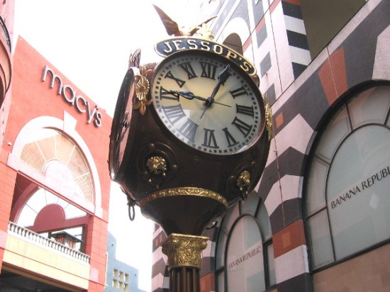 The elegant Jessop's Street Clock stands like a vision from the past at the center of San Diego's popular Horton Plaza.