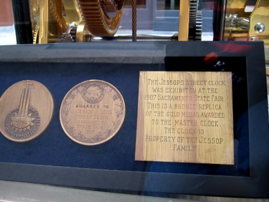 The Jessops Street Clock was exhibited at the 1907 Sacramento State Fair. This is a bronze replica of the gold medal awarded to the master clock. The clock is property of the Jessop family.