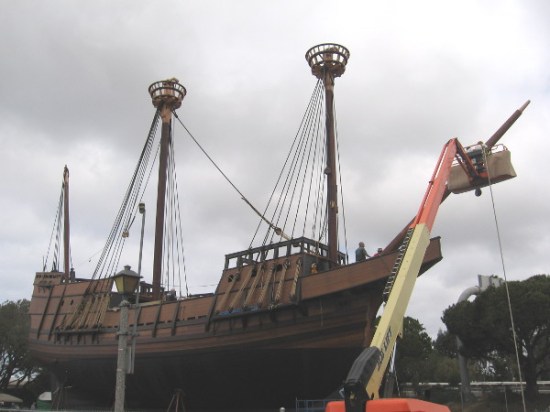 San Salvador, an approximate reproduction of explorer Juan Rodriguez Cabrillo's historic galleon, undergoes final preparation at Spanish Landing in San Diego.