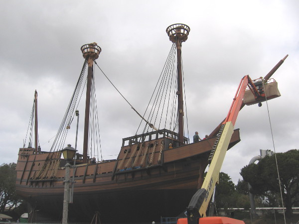 San Salvador, an approximate reproduction of explorer Juan Rodriguez Cabrillo's historic galleon, undergoes final preparation at Spanish Landing in San Diego.