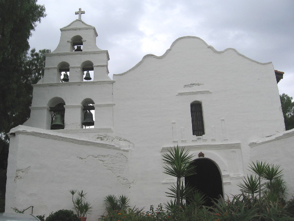 Five church bells hang in the distinctive facade of the historic Mission San Diego de Alcalá, founded by Junipero Serra on July 16, 1769.