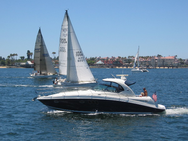 A pleasure boat, two sailboats, one catamaran--everyone is out on glorious, blue San Diego Bay.