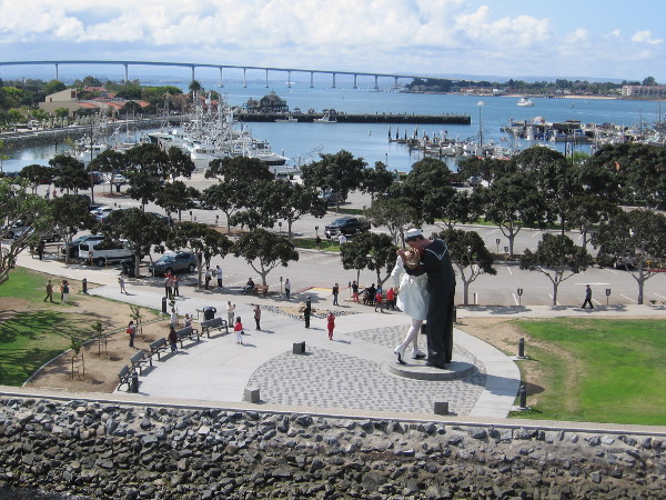 Looking south from atop the flight deck. Seen are the Unconditional Surrender statue, Tuna Harbor, and the Coronado Bay Bridge.
