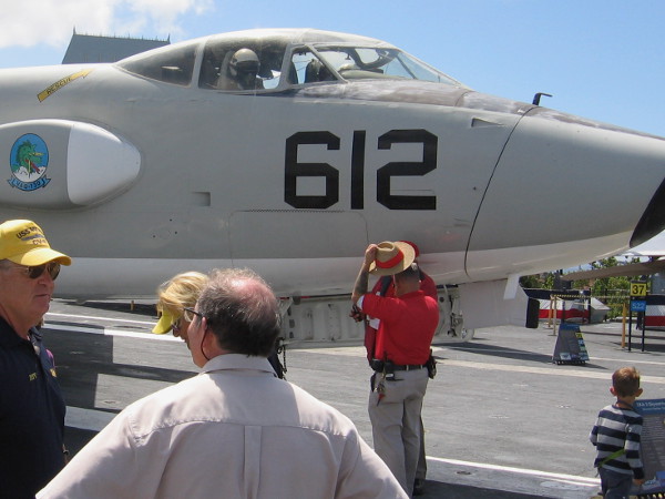 USS Midway visitors enjoy a sunny San Diego day near EKA-3 Skywarrior.