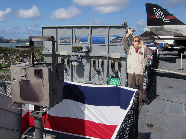 Exhibit on Midway's LSO Platform shows how Navy pilots landed in difficult conditions, relying on optical guidance.
