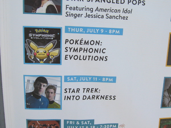 San Diego Symphony ticket booth at Embarcadero Marina Park South advertises the upcoming Pokeman and Star Trek movie Summer Pops concerts.