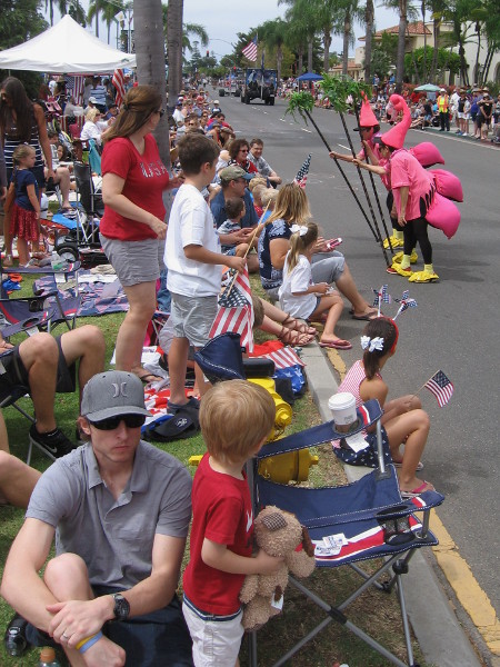 Pink flamingos greet the crowd. I wonder if they wandered over here from the Marriott Coronado Resort's flamingo pond.