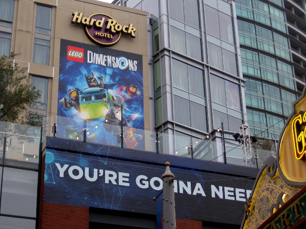 I see Lego Dimensions characters Superman, Batman and Gandalf in this graphic on the Hard Rock Hotel.