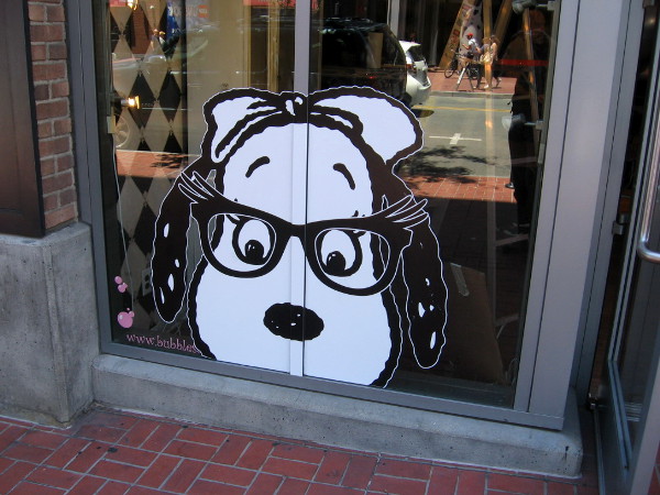 Snoopy with granny glasses peers from Gaslamp shop window.