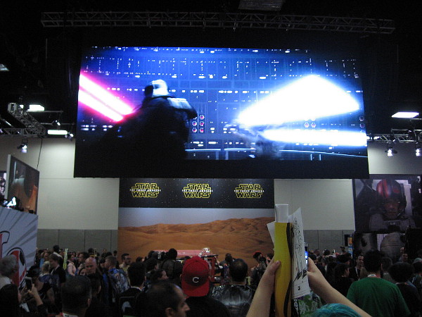 The large Star Wars area has film clips playing overhead from the classic movies.