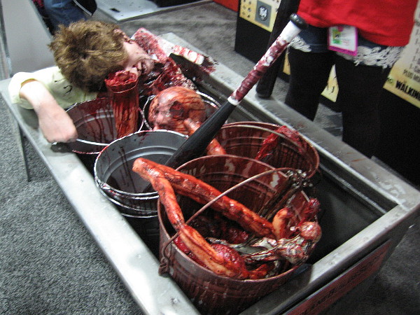 Zombies and the dead are still in fashion. Here are buckets of bloody bones and other gruesome body parts.
