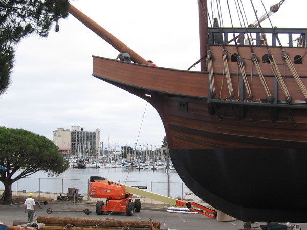 Guys work on the bowsprit in early July 2015. The hope is that San Salvador leads this year's Festival of Sail's parade of tall ships into San Diego Bay!