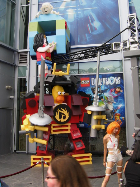 It's LEGO Homer Simpson! He's equipped with some tough-looking Transformer-like armor, which includes Wonder Woman and Gollum on top!