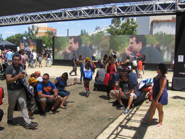 Hanging out looking at a long video screen behind the San Diego Convention Center. The FX Fearless Arena Experience was super popular during 2015 Comic-Con.