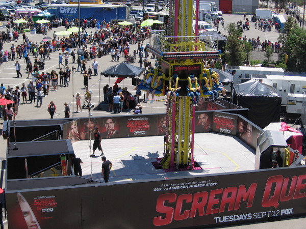 People scream right on cue at the Scream Queens drop amusement ride.