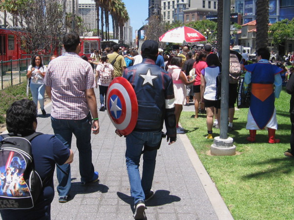 Captain America is walking among happy citizens, protecting all those who are visiting downtown San Diego for Comic-Con.