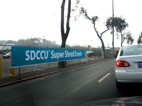 The SDCCU Super Shred Event held in the Qualcomm Stadium parking lot. Unlimited free shredding helps fight identity theft!