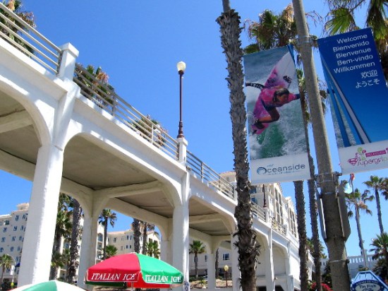 Some surf graphics on a banner hung beneath the Oceanside Pier.