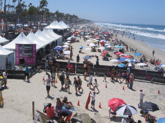 Colorful umbrellas and waders in the water can be seen for miles south along the coast, all the way through Carlsbad.