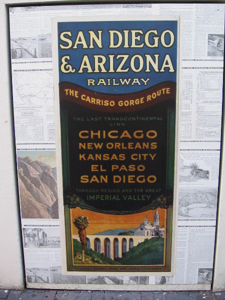 Old advertisement for the San Diego and Arizona Railway, the Carriso Gorge Route, which included possible destinations Chicago, New Orleans, Kansas City, El Paso, San Diego.