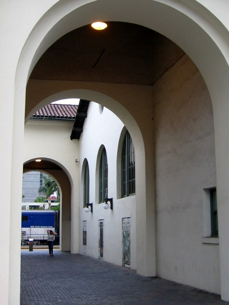 Outdoor passage between the Santa Fe Depot and Museum of Contemporary Art San Diego (MCASD) downtown Jacobs Building, which used to be the historic train station's baggage terminal.
