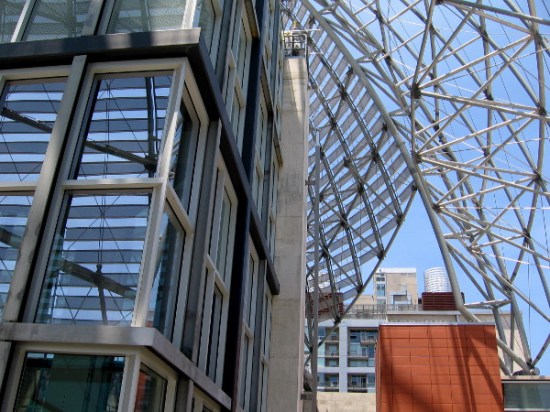 Outside view of upper dome structure and nearby building from 9th floor of San Diego downtown library.