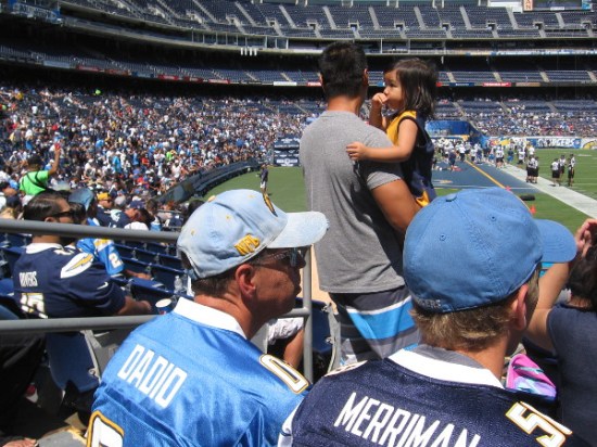 Crowd fills field level seats, anticipating a good team practice on a perfect August summer day.