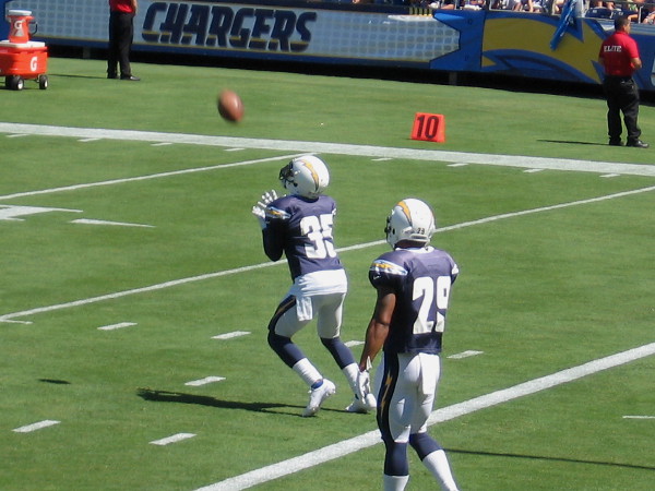 Cornerback Richard Crawford on the Chargers practice squad catches a kicked ball.
