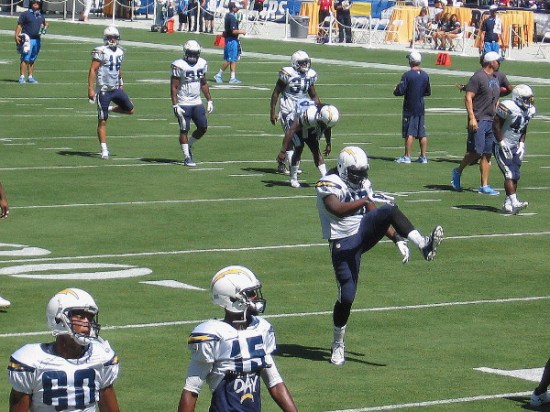Here comes a line of Chargers stepping high during the warm up routine.