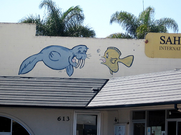 A funny walrus and frightened fish along the roof of a shop on Pearl Street.