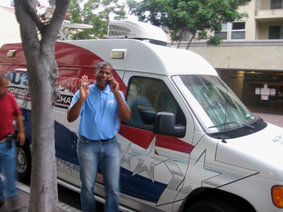 Brad Perry, of KUSI News, had finished a segment on Good Morning San Diego when he spied a silly guy with a camera walking by.