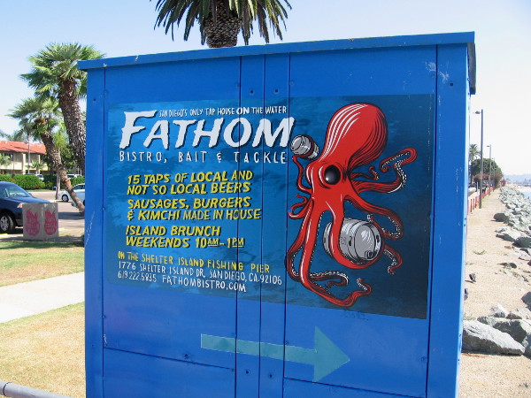 Fathom Bistro, Bait and Tackle sign at foot of Shelter Island fishing pier. They've been open a couple years now.