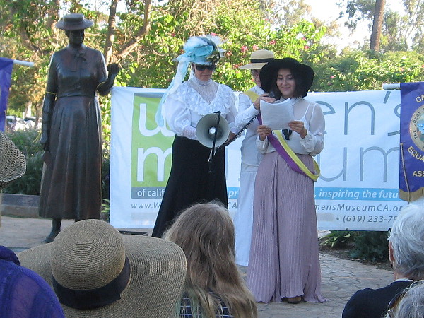 One participant reenacted Eleanor Roosevelt, speaking about her life and accomplishments. The statue is of Kate Sessions, one of the founders of Balboa Park.