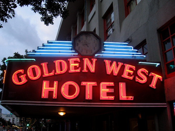 The Golden West Hotel near Horton Plaza has a flashy neon sign above its main entrance.