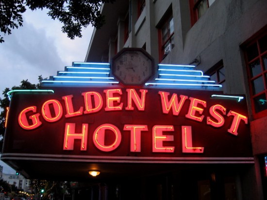 The Golden West Hotel near Horton Plaza has a flashy neon sign above its main entrance.