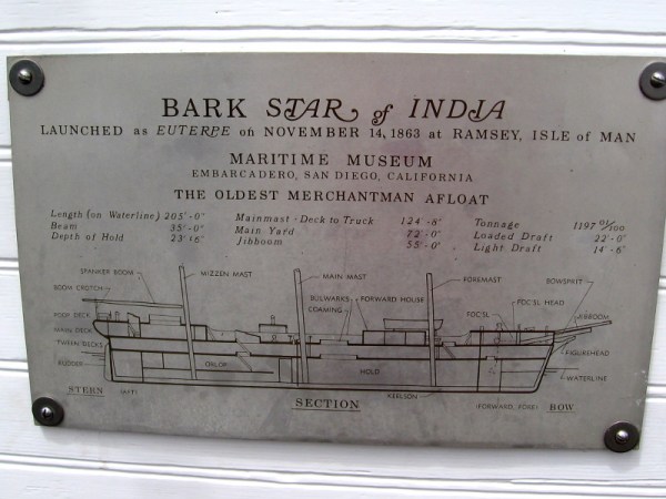 Diagram of Bark Star of India, launched as Euterpe on November 14, 1863 at Ramsey, Isle of Man. The world's oldest active sailing ship and oldest merchantman afloat.