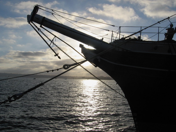Light shines from behind the figurehead of the beautiful Star of India, a favorite attraction on San Diego Bay.