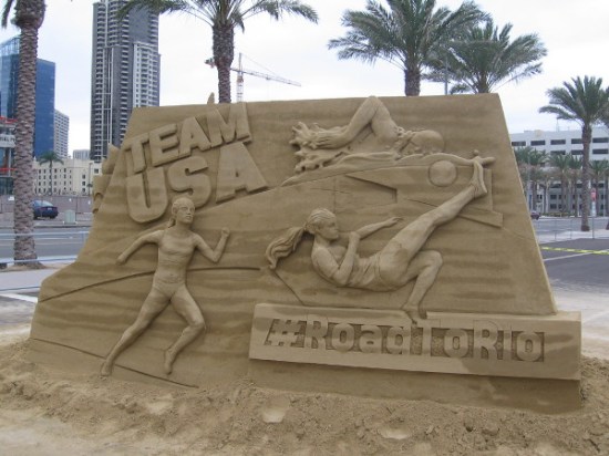 Sand sculpture in front of U.S. Sand Sculpting Challenge in San Diego shows Team USA and Olympians on the Road to Rio!