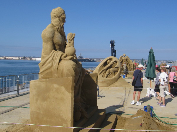 Sue McGrew's sand sculpture titled Father of the Game, a statue-like image of Zeus, Greek king of the gods of Mount Olympus.
