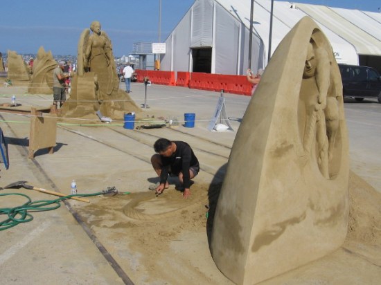 The artists are still at work, getting their pieces ready to be judged this afternoon.