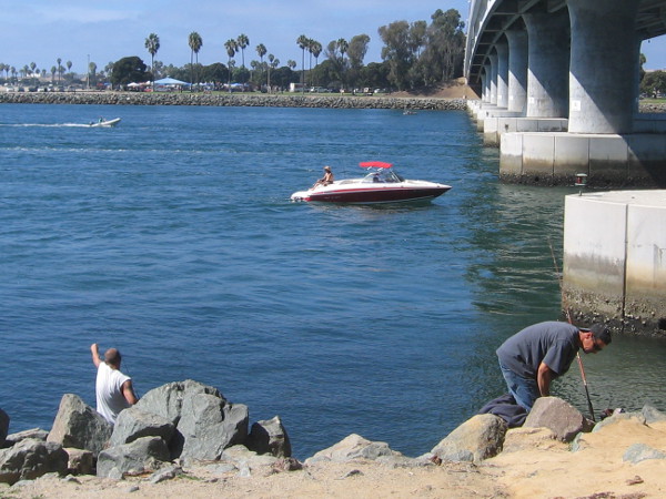 Just fishing on a Sunday by the bridge north of Quivira Basin. It crosses over Mission Bay Channel and leads to nearby Mission Beach.