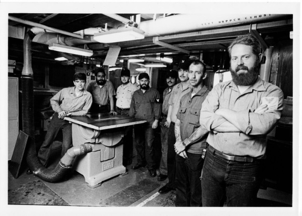 Patternmaker Kevin O'Connor, Molder Jessie Lopez, Molder Lee Garland, Patternmaker Roger Richie, two unidentified Molders, Bill McCoy and Ron Gray. Photo credit: United States Navy.