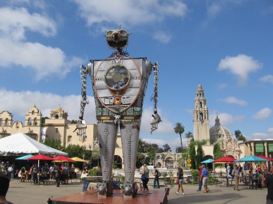 Amazing 28 foot tall Robot Resurrection stands in Balboa Park's Plaza de Panama during 2015 Maker Faire San Diego!