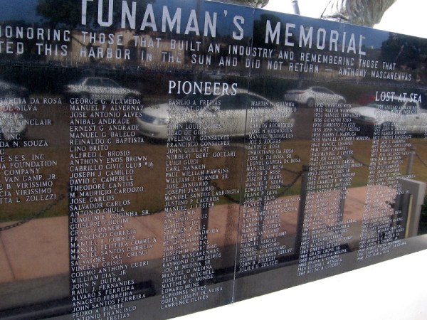 Polished side of Tunaman's Memorial contains names of San Diego fishing pioneers and those who were lost at sea.
