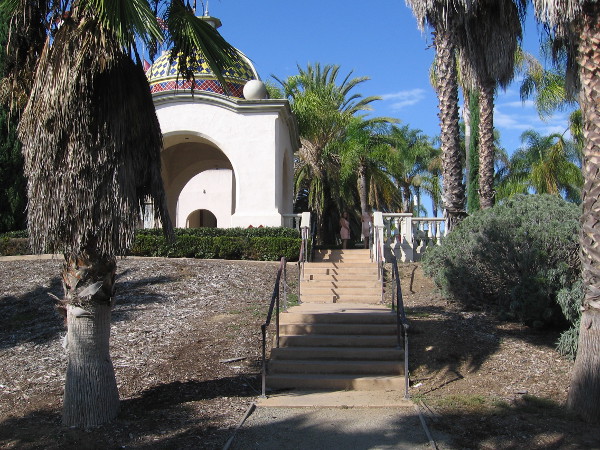 Looking north at steps that lead down from the quiet, stately Balboa Park Administrative Building Courtyard.