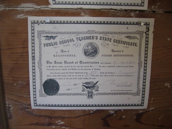 Public School Teacher's State Certificate from the mid 19th century. San Diego's first teacher was Mary Chase Walker.