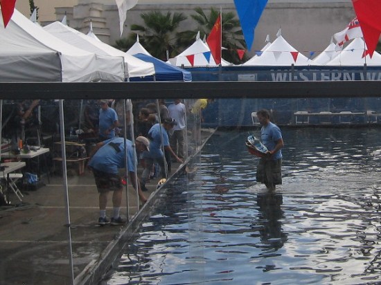 The huge Battlepond near the San Diego Air and Space Museum had sea battles taking place! The Western Warship Combat Club makes radio-controlled model ships which engage in real combat!
